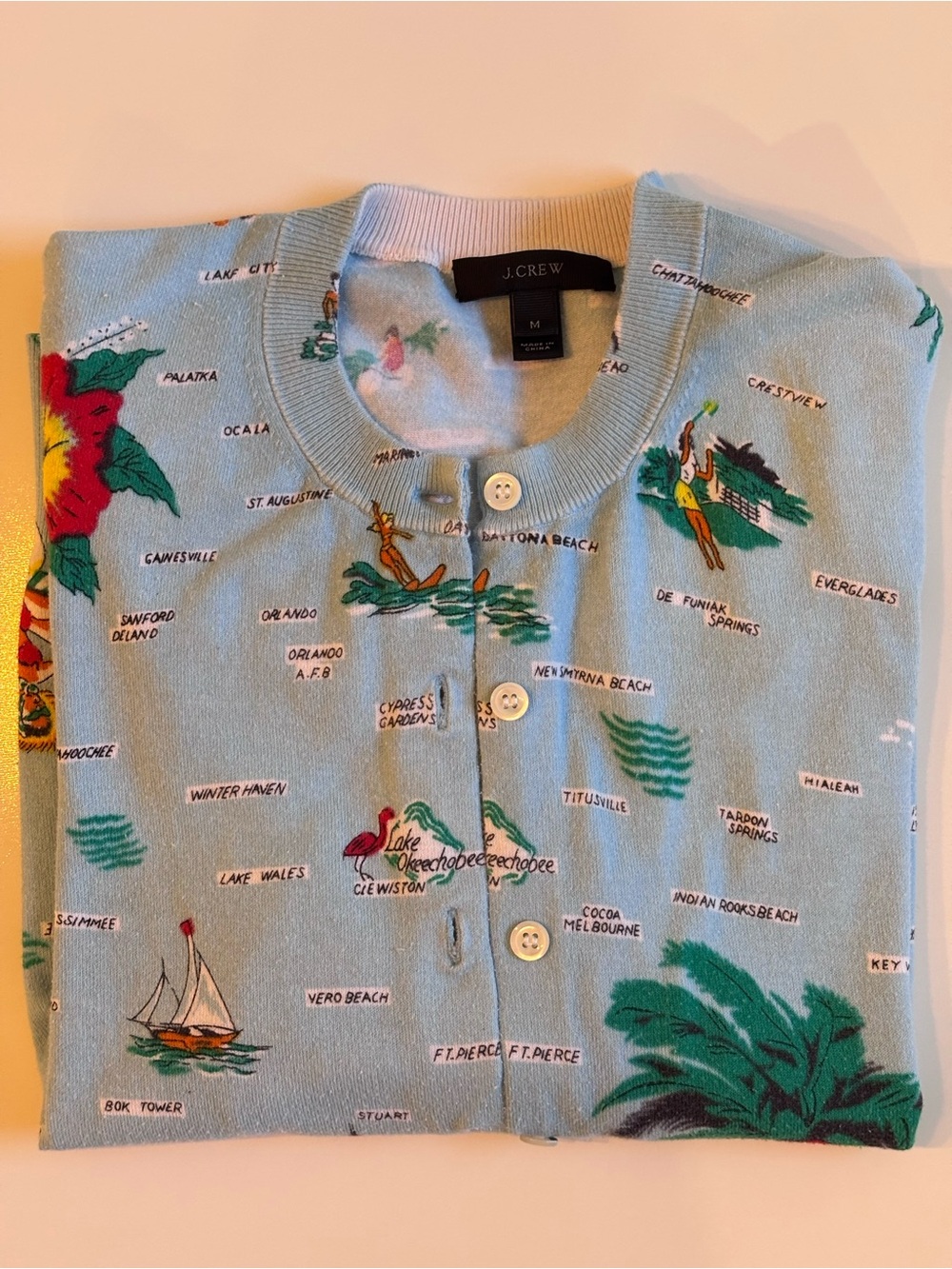 J Crew Retro Florida Travel Map Print Jackie Cardin Sweater, Blue, Medium - Picture 16 of 16